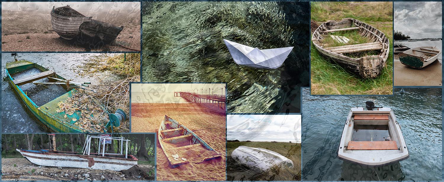 Collage of old, broken, dilapidated or paper boats. Buy your new jon boat at Canady's.