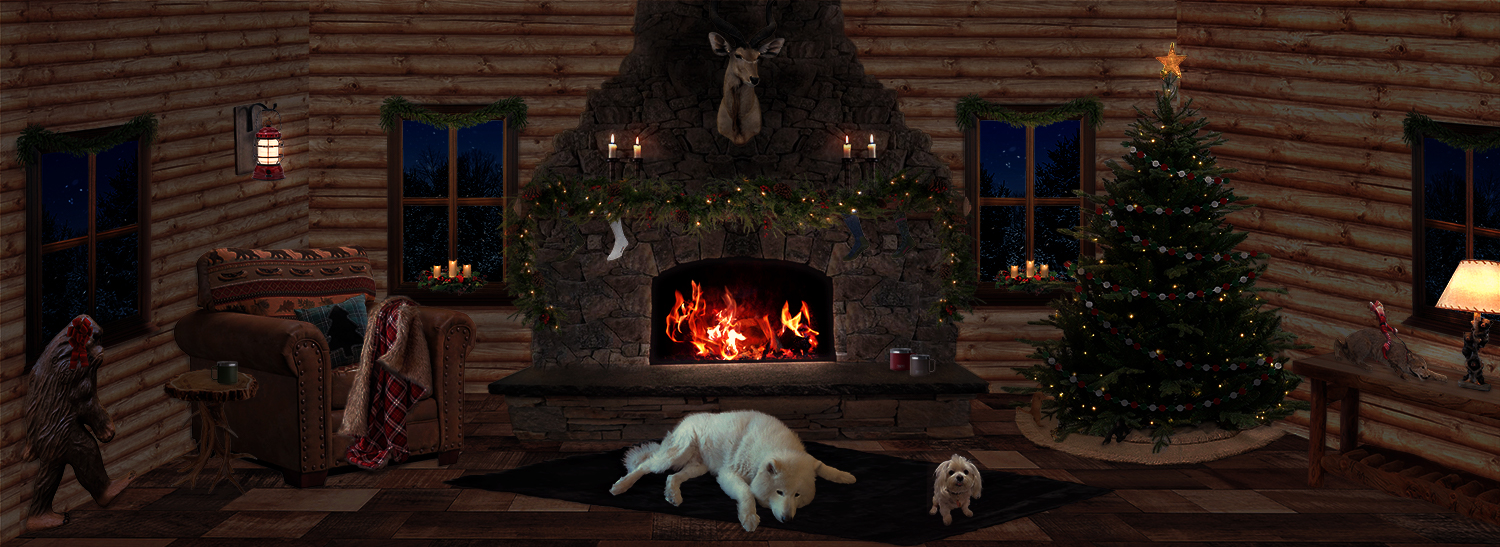 Cozy cabin fireplace decorated for Christmas and gifts available at Canady's.